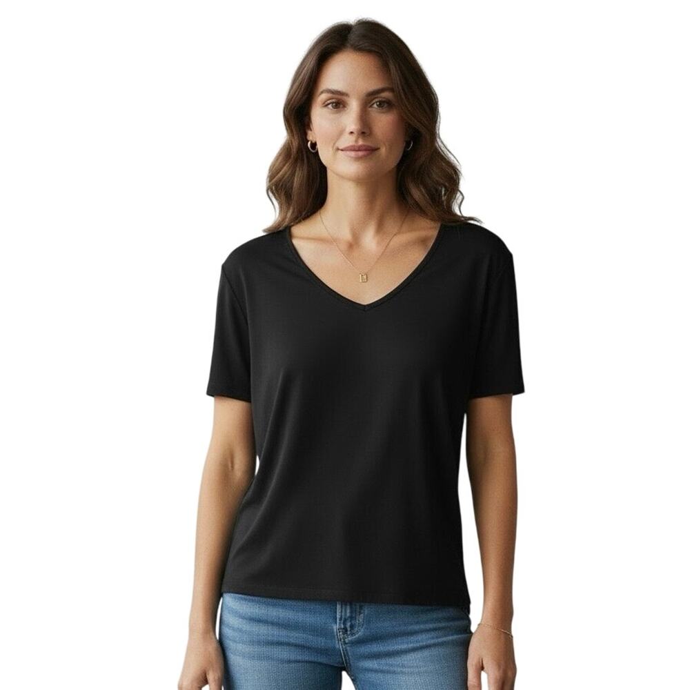 Jones New York Tricot Womens Short Sleeve V-neck T-Shirt Sz LRG Black Minimalist